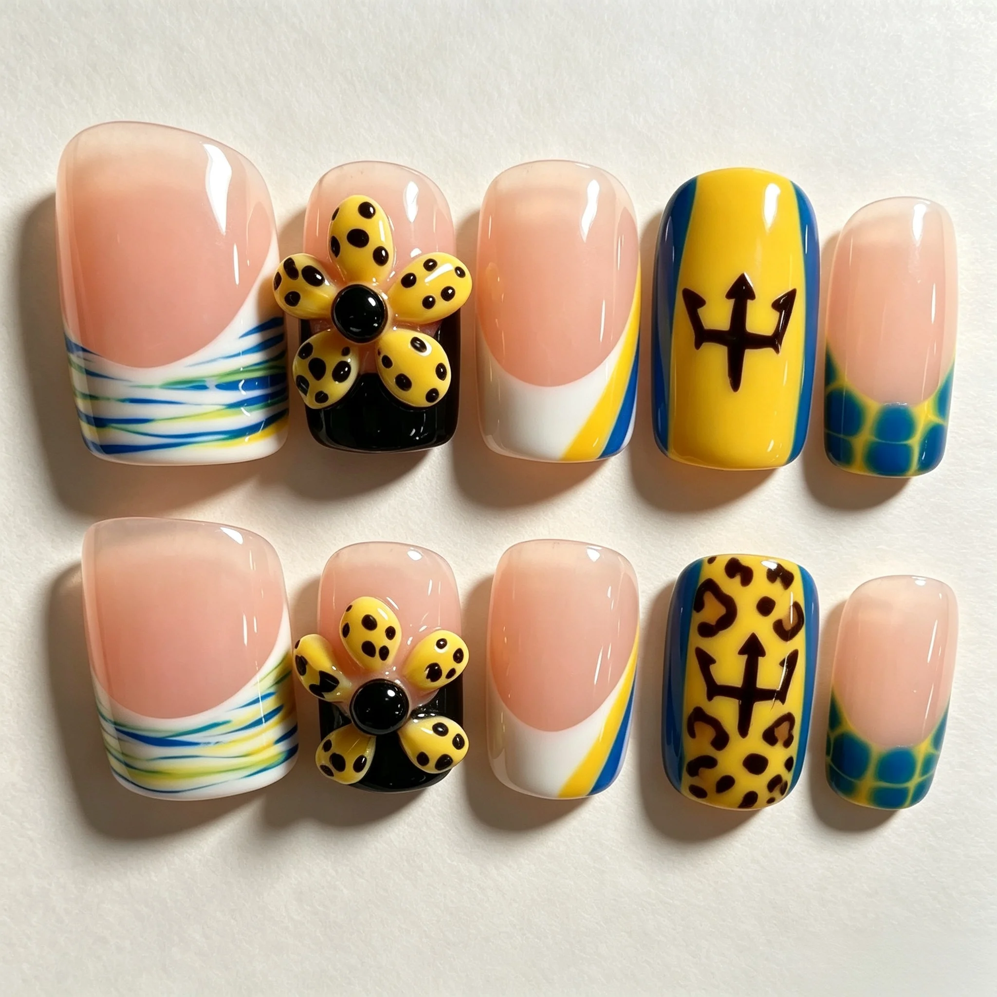 10Pcs Short Square Handmade Press On Nails 3D Leopard Print Flower Fake Nail Blue Tie Dye French Tip Fasle Nail for Women&Girl