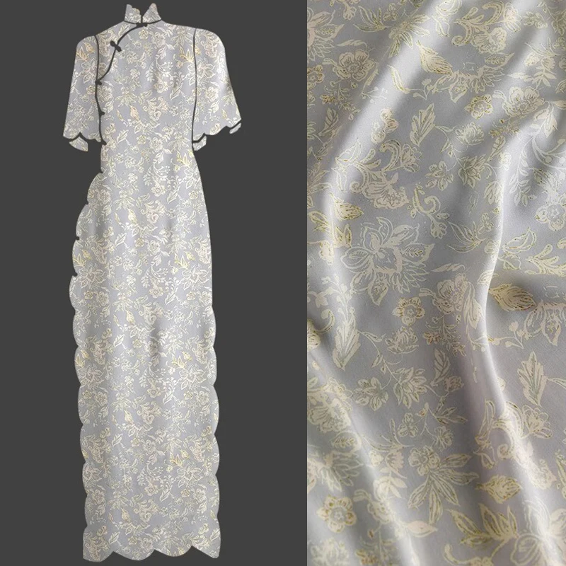 

145CM Wide 200G/M 100% Rayon Fabric for Summer Thin Dress Cheongsam Blouse,Floral Printed on Gray Skin-friendly Fabric R469