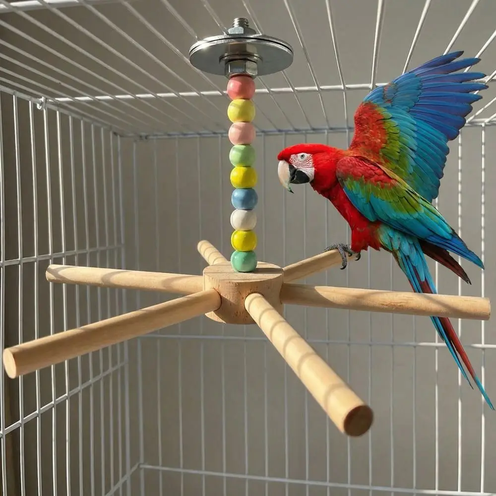 Juguete giratorio de madera para pájaros con cuentas coloridas, molino de viento grande, columpio para loros, juguete desmontable para loros, soporte de juego.