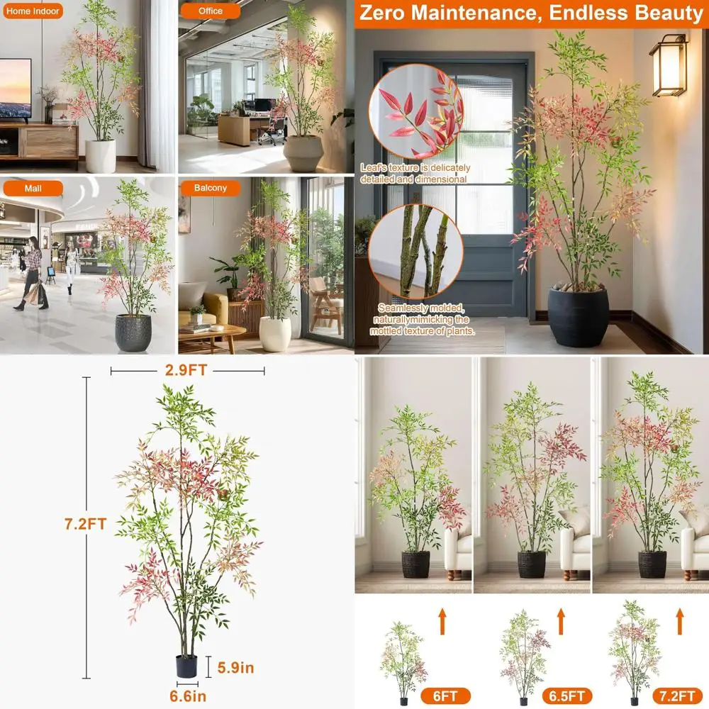 

7.2ft Tall Faux Nandina Bamboo Tree with 800+ Leaves, Cement Pot - Ideal Indoor Decor for Home & Office