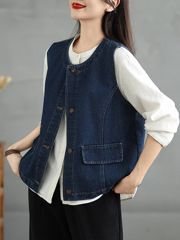 

Retro Japanese Sle Denim Vest Women's Autumn 2025 New Layering Outerwear Small Design Sense Vest Commute round Ne Single ...