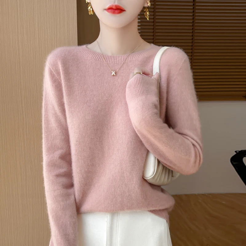 Autumn And Winter 100% Wool Round Neck Sweater Women\'s First-Line Ready-To-Wear With Loose Knit Tops And Bottoming Shirts