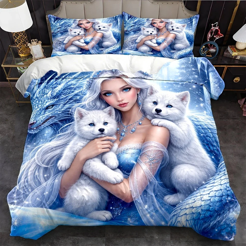 3Pc Ice Goddess and Mythical Beast Theme Duvet Cover Set, Three-Piece Bedding Set (1*Duvet Cover + 2*Pillowcases), Suitable for All Seasons, Machine Washable, Invisible Zipper Personal Bed Cover, Large Bedding Set, Suitable for Home, Dormitory, Master Bedroom, Guest Room, Dreamy Dragon and White Wolf Printed Bedding, Skin-Friendly Breathable Duvet Cover Set, Bedroom Decorative Bed Cover Set, Fairy Tale Style Ice Blue Series Bedding, Comfortable and Soft Machine Washable Duvet Cover Set