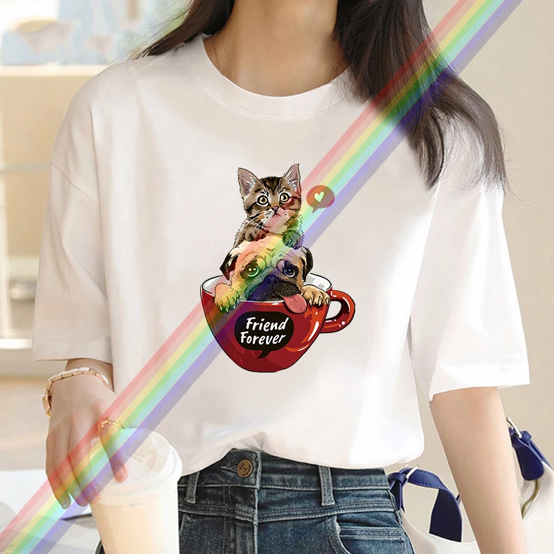 Luxury Brand Fashion Woman's Teacup cat and dog Printed Crew Neck Clothing Short Sleeve T-Shirt Trend Women's Summer Y2K Top