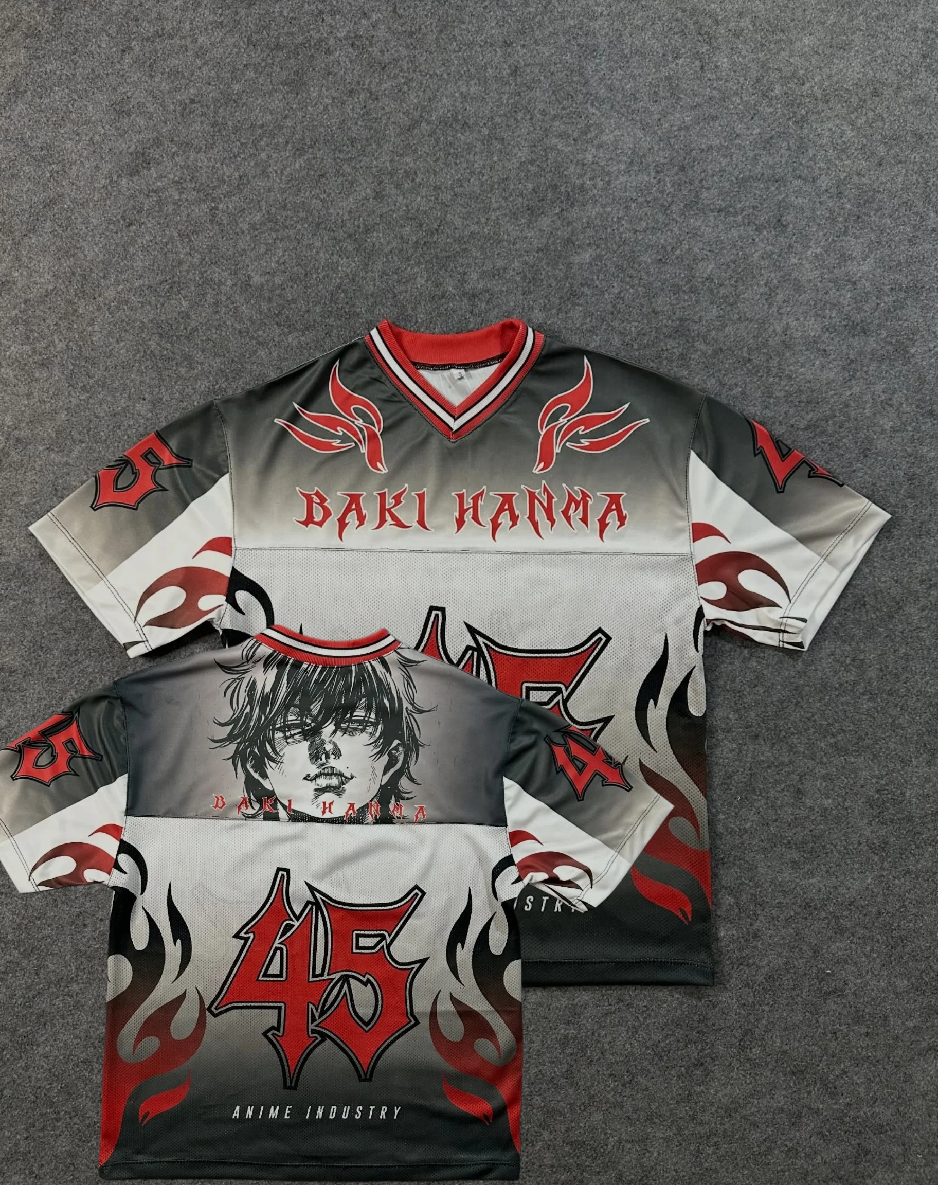 2026 New Baki Hanma 45 Jersey T-shirt, Men's Anime Baki The Grappler Flame Graphic Mesh Streetwear Tee, Casual Hip Hop Top