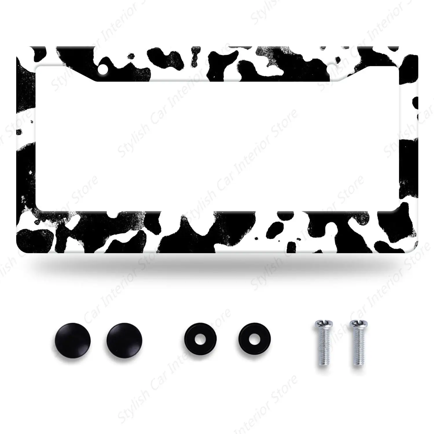 Black White Cows Texture License Plate Frame Animal Cowhide Print License Plate Stainless Steel Funny License Plate Holder