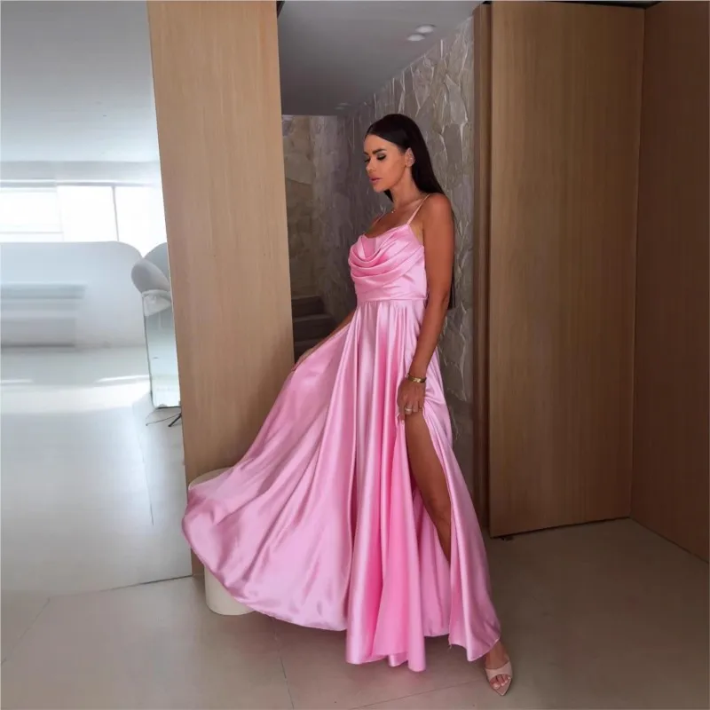 

Foreign Style Party Prom Strap Dress Women's Summer Sexy Split Hem Long Dresses Ladies Fashion Solid Color High Waist Vestidos