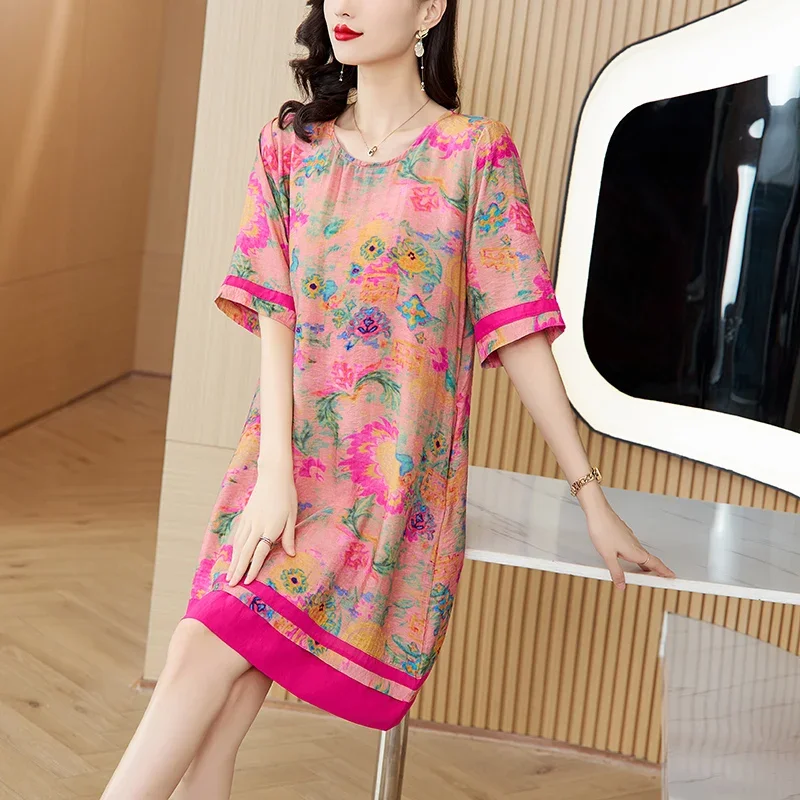 

2024 Floral Mulberry Silk Chiffon Sexy Midi Dress Women Boho Fashion Beach Casual Dress Spring Summer New Elegant Loose Dresses