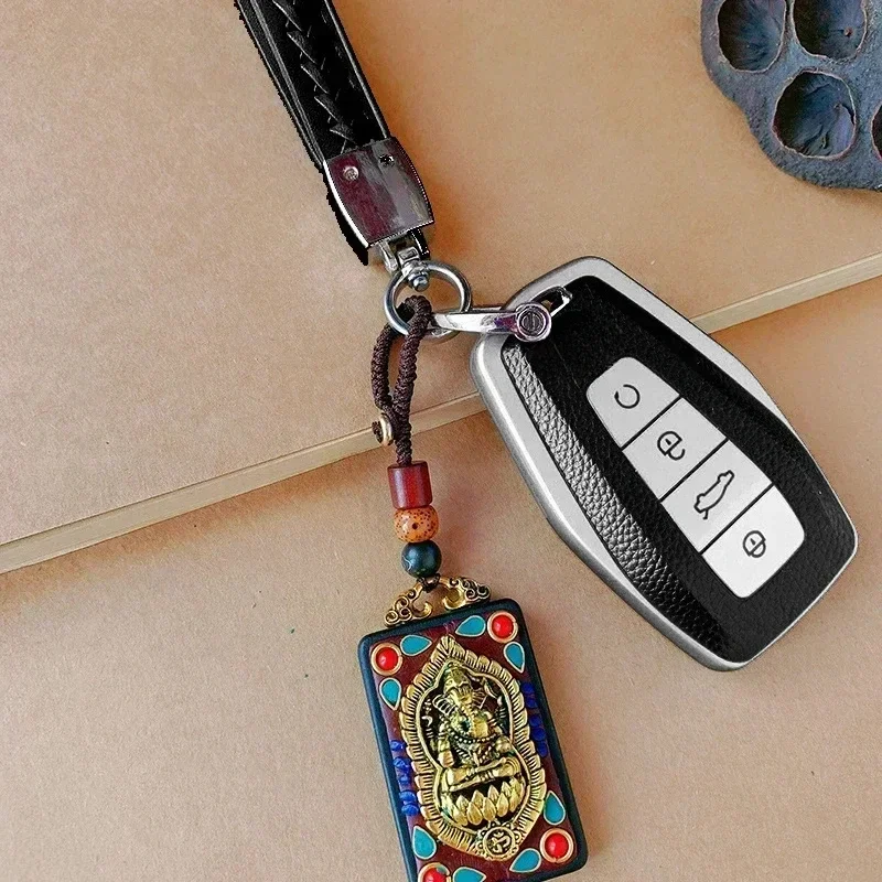 Vintage Ethnic Tangka Handmade Copper Mud Black Sandalwood Car Keychain Pendant Safety Protection and Pray for Peace