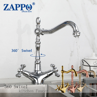 ZAPPO Kitchen Sink Faucet Polish Chrome Double Cross Handle Mixer 360° Swivel Spout Kitchen Faucets Tap Hot and Cold Water Taps