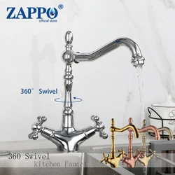 ZAPPO Kitchen Sink Faucet Polish Chrome Double Cross Handle Mixer 360ยฐ Swivel Spout Kitchen Faucets Tap Hot and Cold Water Taps