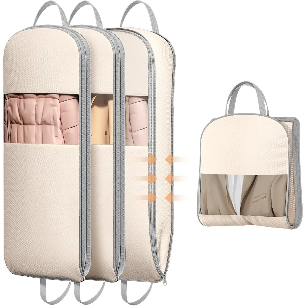 

4 Pack Compression Garment Bags for Hanging Clothes with Carry Handles and Window, Space-Saving Washable Suit Bags for Travel
