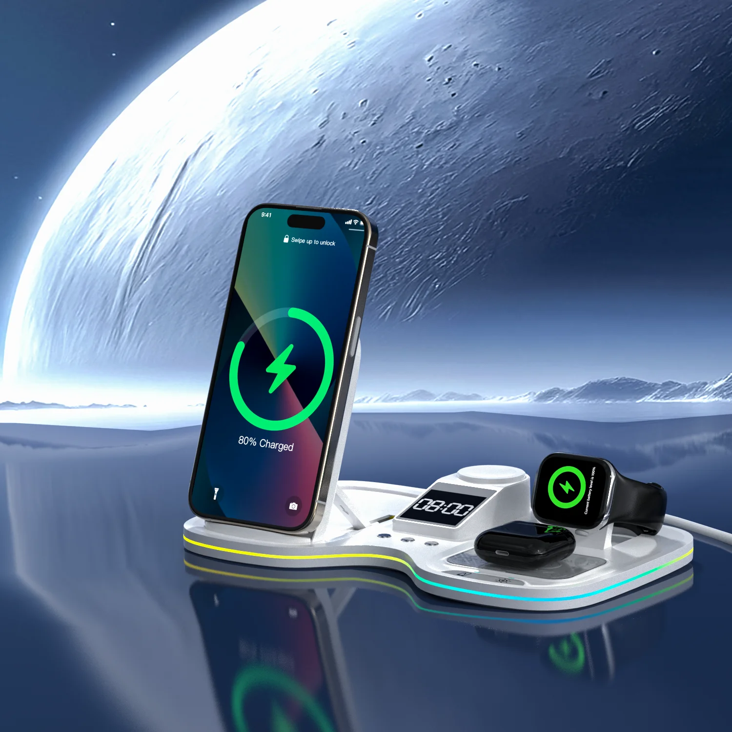 

LED Lamp 15W Fast Charging Station Multifunction 4 3 5 in 1 One Holder Wireless Phone Charger for I Phone
