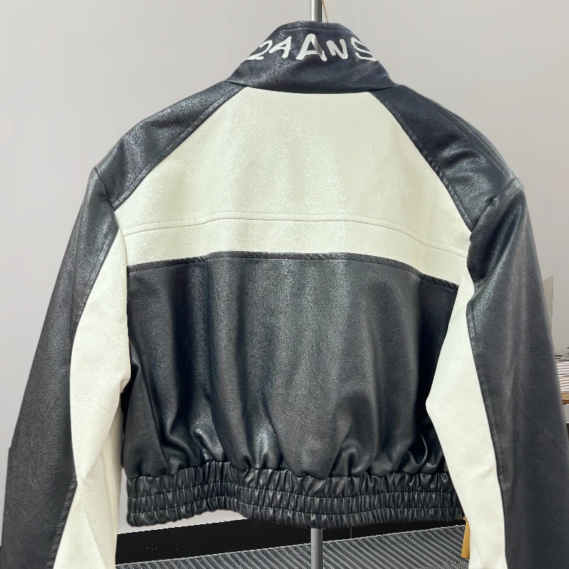 Streetwear Fashion Letter Printing Faux PU Leather Jacket Patchwork Contrast Color Stand Collar Long Sleeve Female Biker Jacket