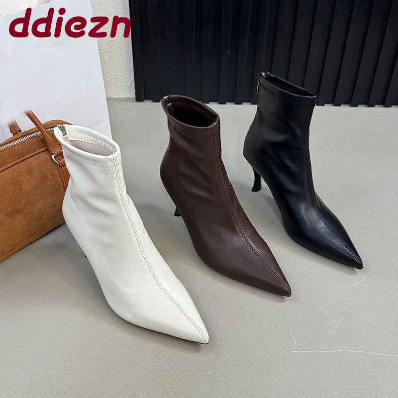 

Модные эластичные женские ботильоны на каблуке, женская обувь на молнии, женские короткие ботинки с острым носком, туфли-лодочки