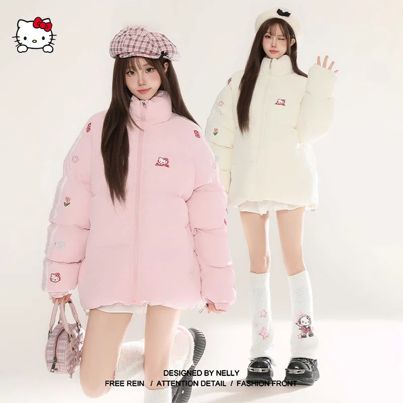 Kawaii Hello Kittys Down Jacket Cute Embroidery Thicken Padded Jacket Women's Winter New Style Stand-Up Collar Warm Cotton Coat