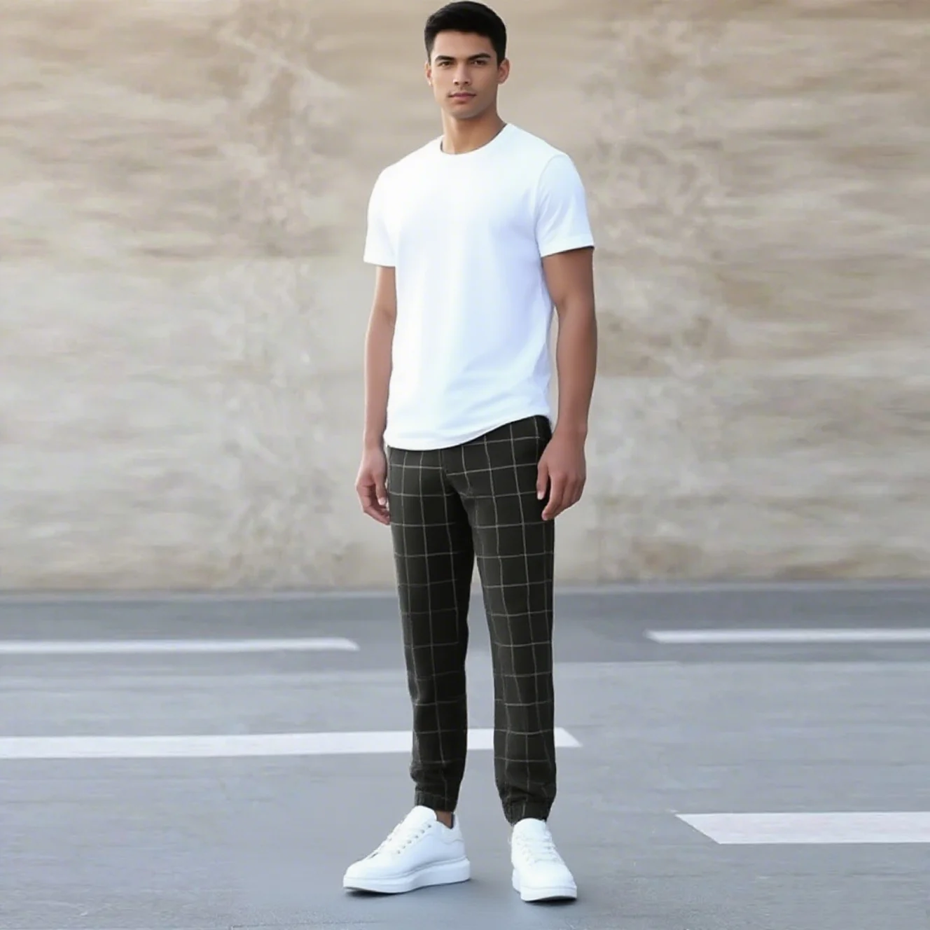 의류남성 맞춤형 작은 다리 바지, 고품질 한국어 버전, 체크 무늬 패션, 소매 색상, 캐주얼 핏 스포츠 스키니
