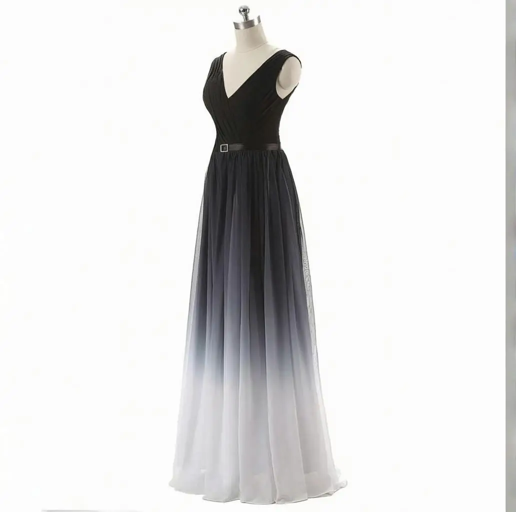 

KIVARY Chiffon Deep V Neck Pleats Long Gradient Ombre Black and White Gothic Prom Evening Dresses with Sash