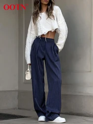 OOTN Navy Stripe Baggy Pants Women Casual High Waist Trousers Fashion 2024 Office Ladies Floor-Length Pant Pleated Spring Summer