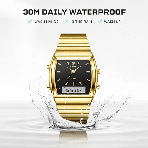 Imagen 2 del producto Reloj Digital de cuarzo para hombre, cronógrafo de acero con pantalla Dual, esfera fluorescente dorada, resistente al agua