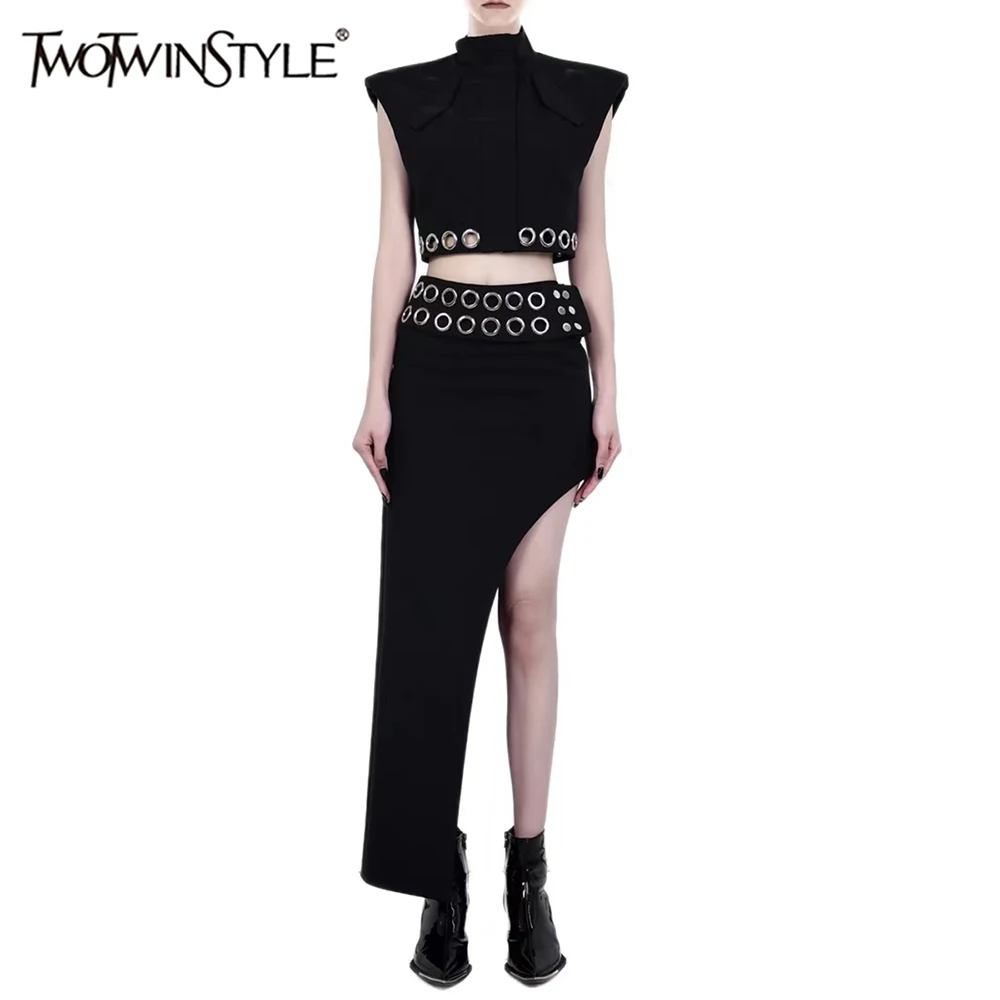 

TWOTWINSTYLE Solid Temperament Two Piece Set For Women O Neck Sleeveless Coat High Waist Temperament Irregular Skirts Female New
