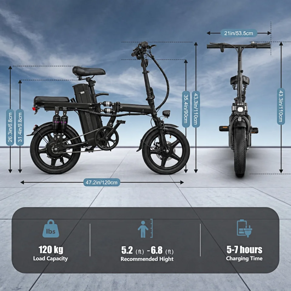 Foldable electric bicycle for adults, equipped with 14-inch tires, featuring 8 shock absorbers, a 500W motor power, a 48V 15Ah c image 8