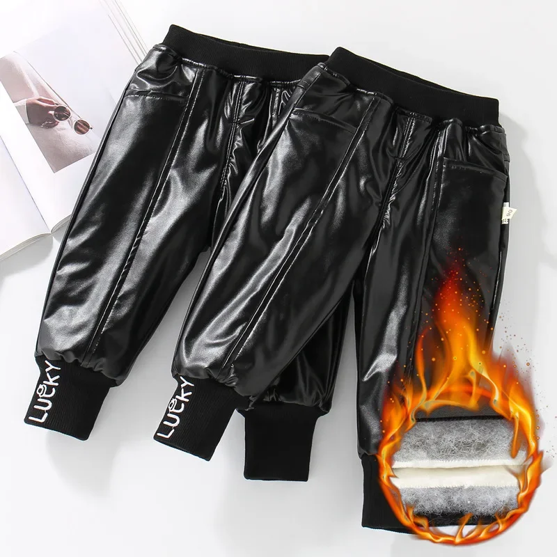 

Children Leather Pants for Winter Thicken Warm Sports Pants Boys Clothes Casual Sweatpants Kids Trousers 2-10 Years