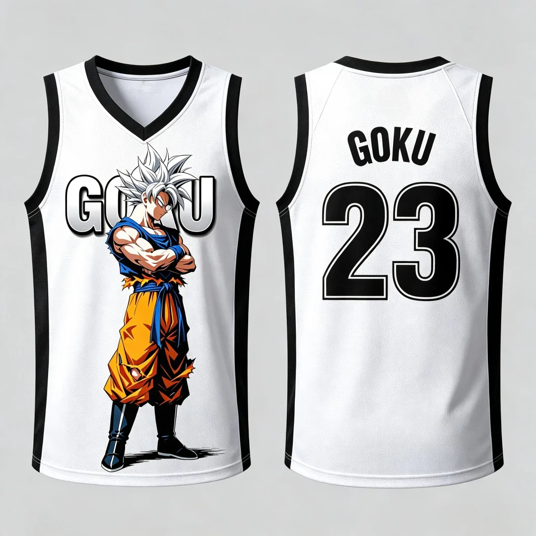 Dragon Ball Ultra Instinct Goku Basketball-Trikot, passende Eltern-Kind-Outfits, weiß, rot, ärmelloses Tank-Top, Anime-Streetwear – Detail 4