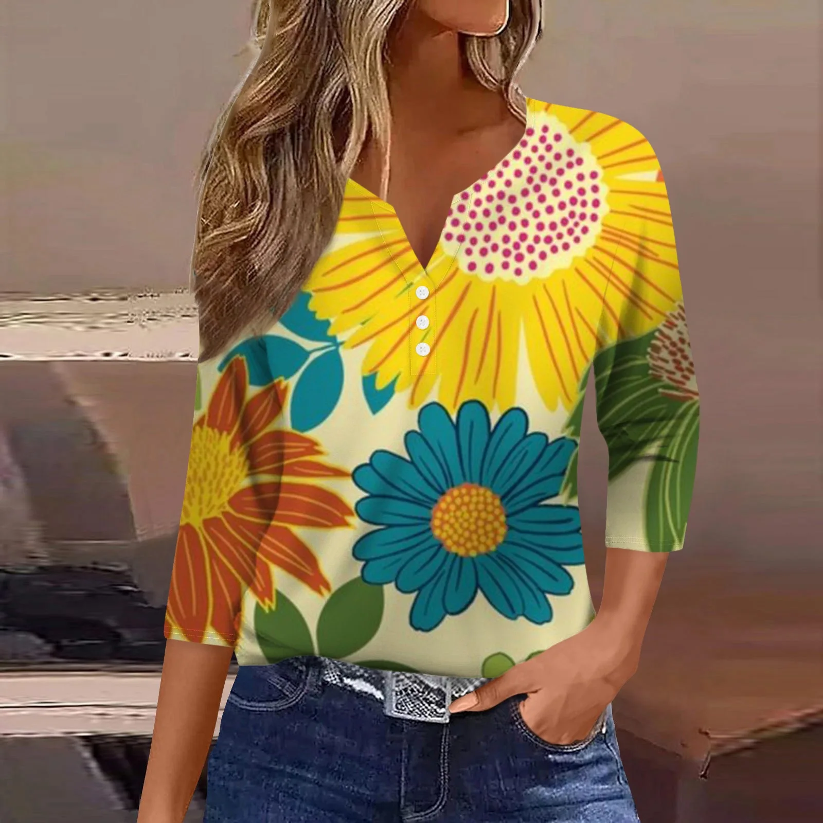 Summer Digital Printing New Fashionable Button Simple Daisy Seven Quarter Sleeve Women's Design Sense High-EndWG23