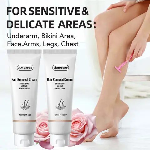 Amococo 2 Pack Hair Removal Cream 120ml for Women Men Body Depilatory Cream Legs Arms Underarm Care with Aloe Vera Vitamin E Moisturizing Formula Rose Cucumber Fragrance