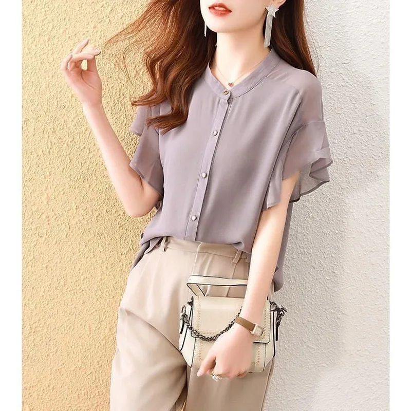 Elegant Solid Color Loose Single-breasted Blouse Women Classic Short Sleeve Summer O-collar Office All-match Lady Chiffon Shirt