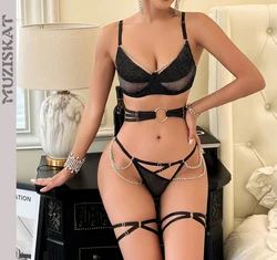 MUZISKAT 5-Piece Black Bra Set Women Patchwork See Through Mesh Lingerie Set Ladies Sexy Panty Underwear Set