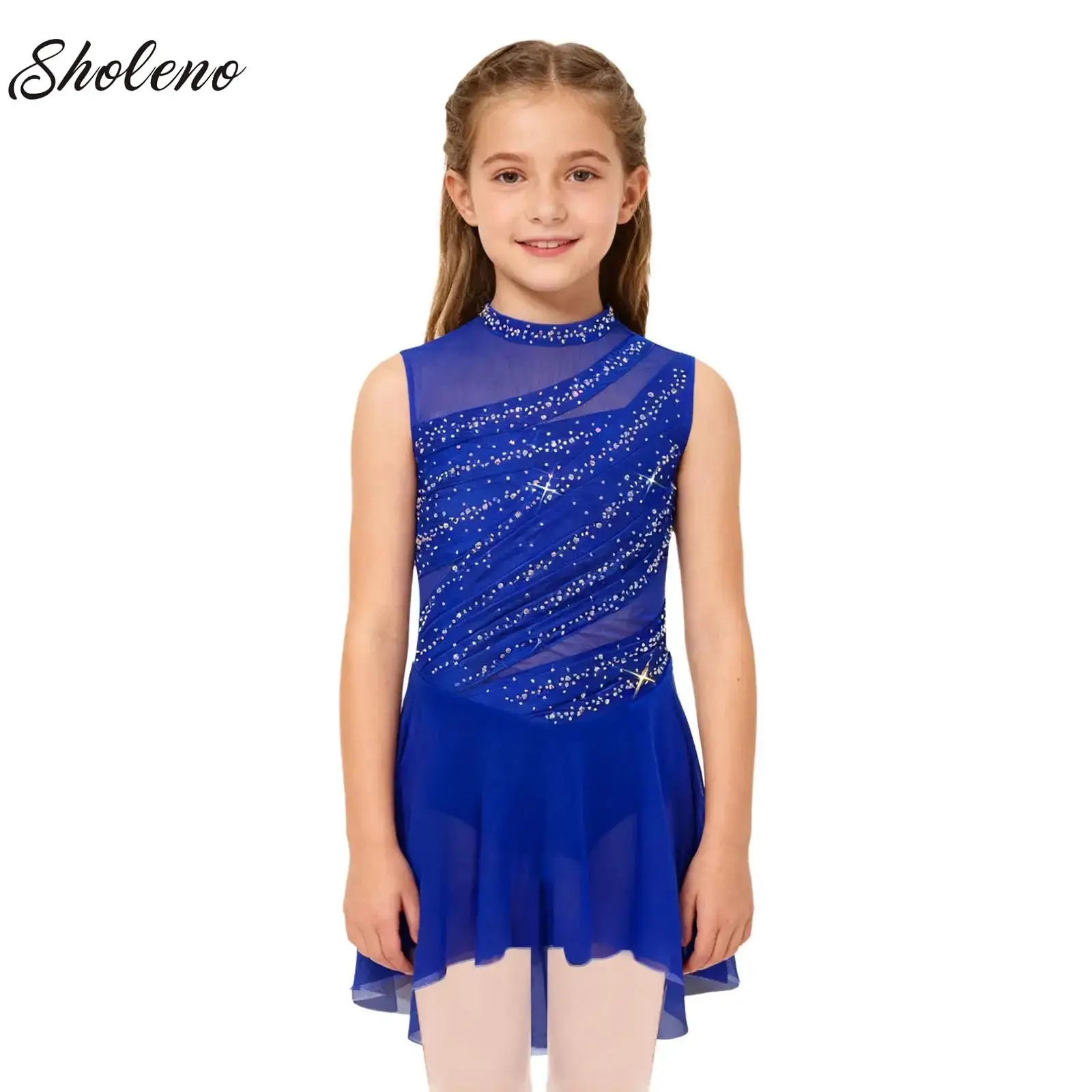 

Kids Girls Figure Ice Skating Dress Lyrical Dance Ballet Gymnastics Skirted Leotard Tutu Sleeveless Stage Performance Clothes