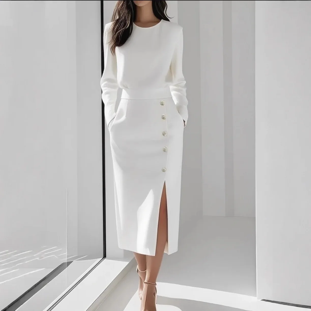 Damenkleider 2026 Langärmliges Einfarbiges Kleid mit Rundhalsausschnitt, Taillenknopf-Dekoration und Schlitz, Herbst Midikleid, Bekleidung, Vestidos