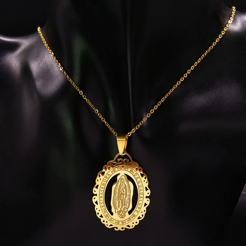 Virgin Mary Medal Pendant Necklace for Women Men Gold Color Stainless Steel Jesus Chain Jewelry cadena virgen de guadalupe N1223