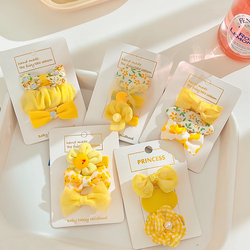 3 Pcs/Set Baby Girls Cute Yellow Flower Bow Ornament Hair Clips Children Lovely Sweet Barrettes Hairpins Kids Hair Accessories