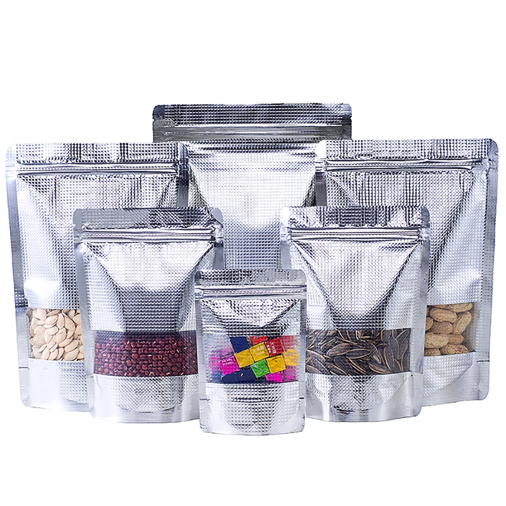 100pcs Silver Embossed Window Ziplock Bag Nut Snack Popcorn Organizer Stand Up Resealable Heat Seal Plastic Mylar Storage Bag