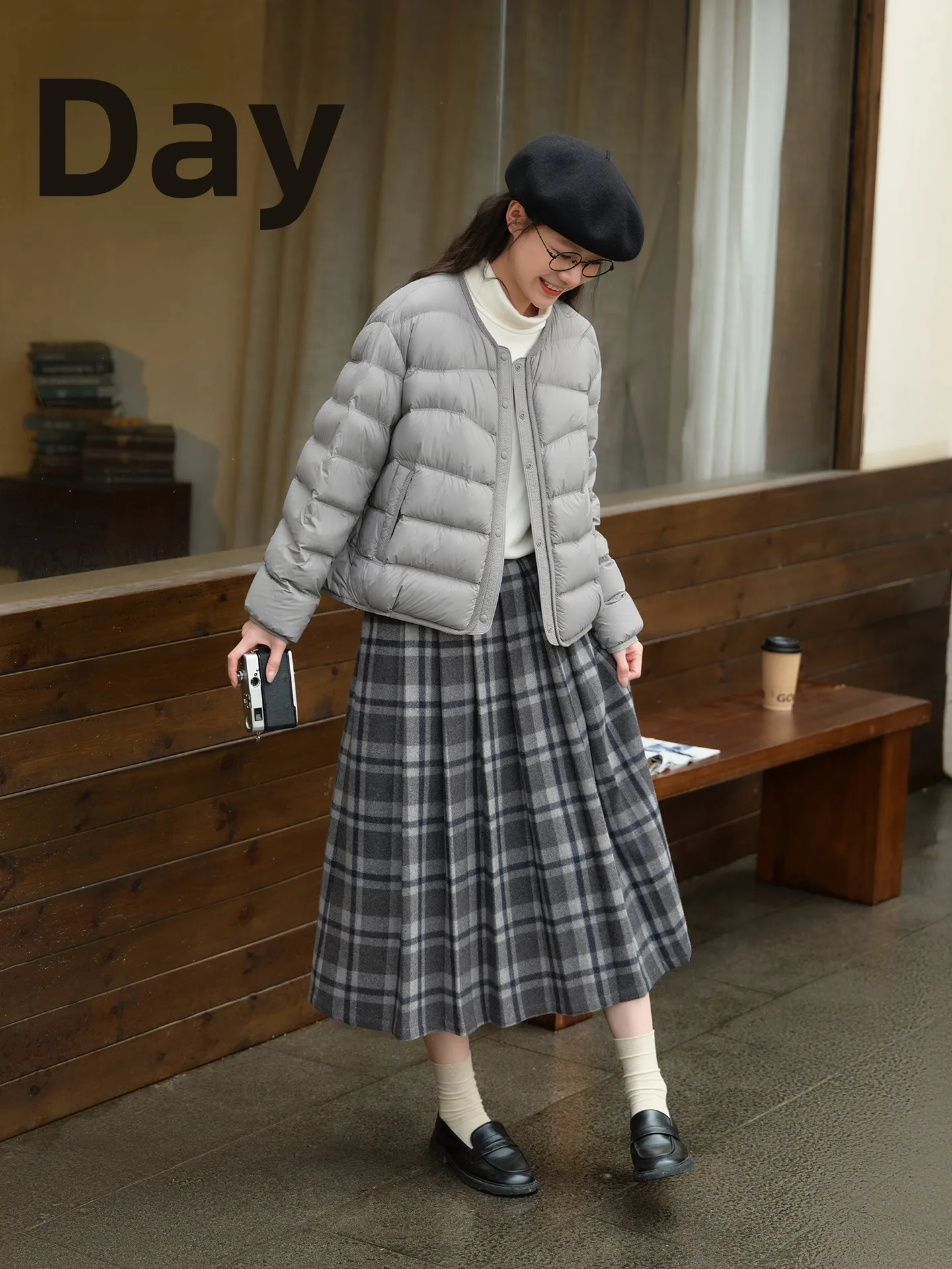 Original Grey Tweed Wool Blend Plaid A-Line  Skirt Women's Winter Elegance Half-length Skirts Fashionable High-waist City...