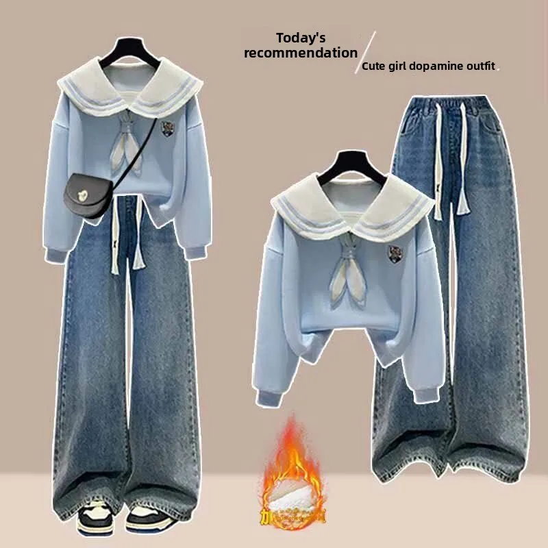 Conjunto de Dos Piezas de Otoño Invierno Estilo Universitario con Sudadera con Cuello Marinero y Forro Polar y Jeans, Conjunto Casual para Mujer con Efecto Adelgazante