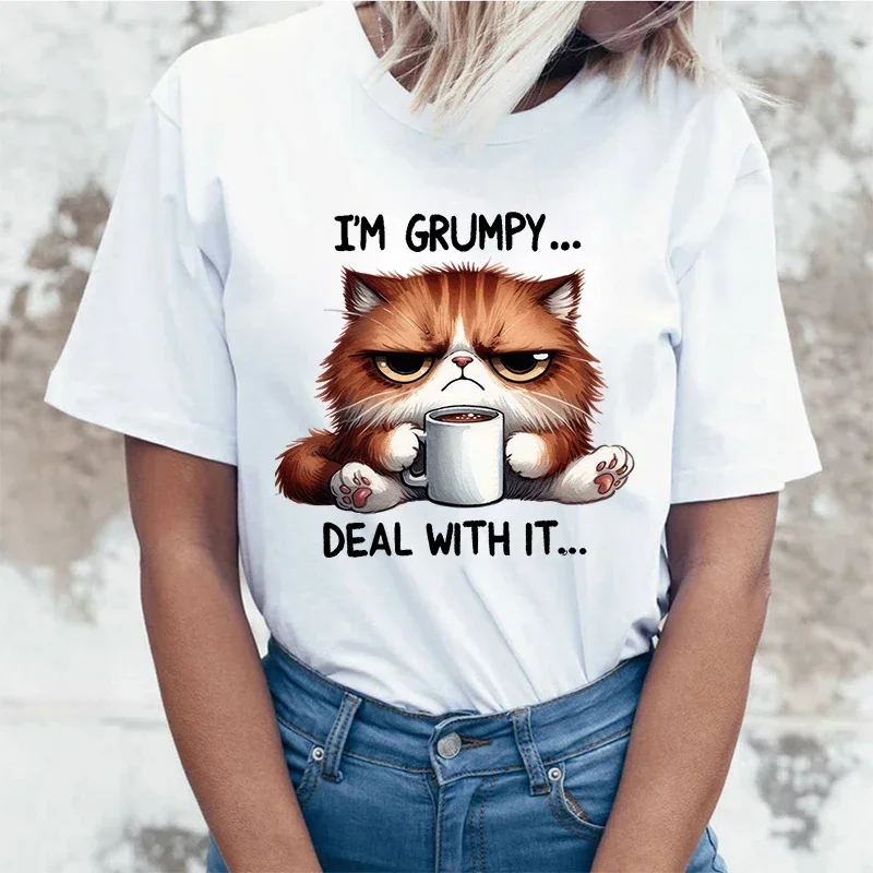 Camiseta divertida de gato I'M Grumpy Deal with Is, camiseta informal de manga corta con cuello redondo y estampado de letras para mujer, camiseta superior de verano Y2K