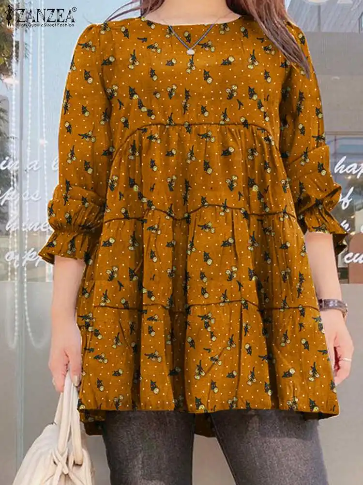 2023 Autumn Printed Cotton Linen Top ZANZEA Women Ruffle Blouse Casual O-neck Loose Tunic Female Puff Sleeve Blusas Oversized 1