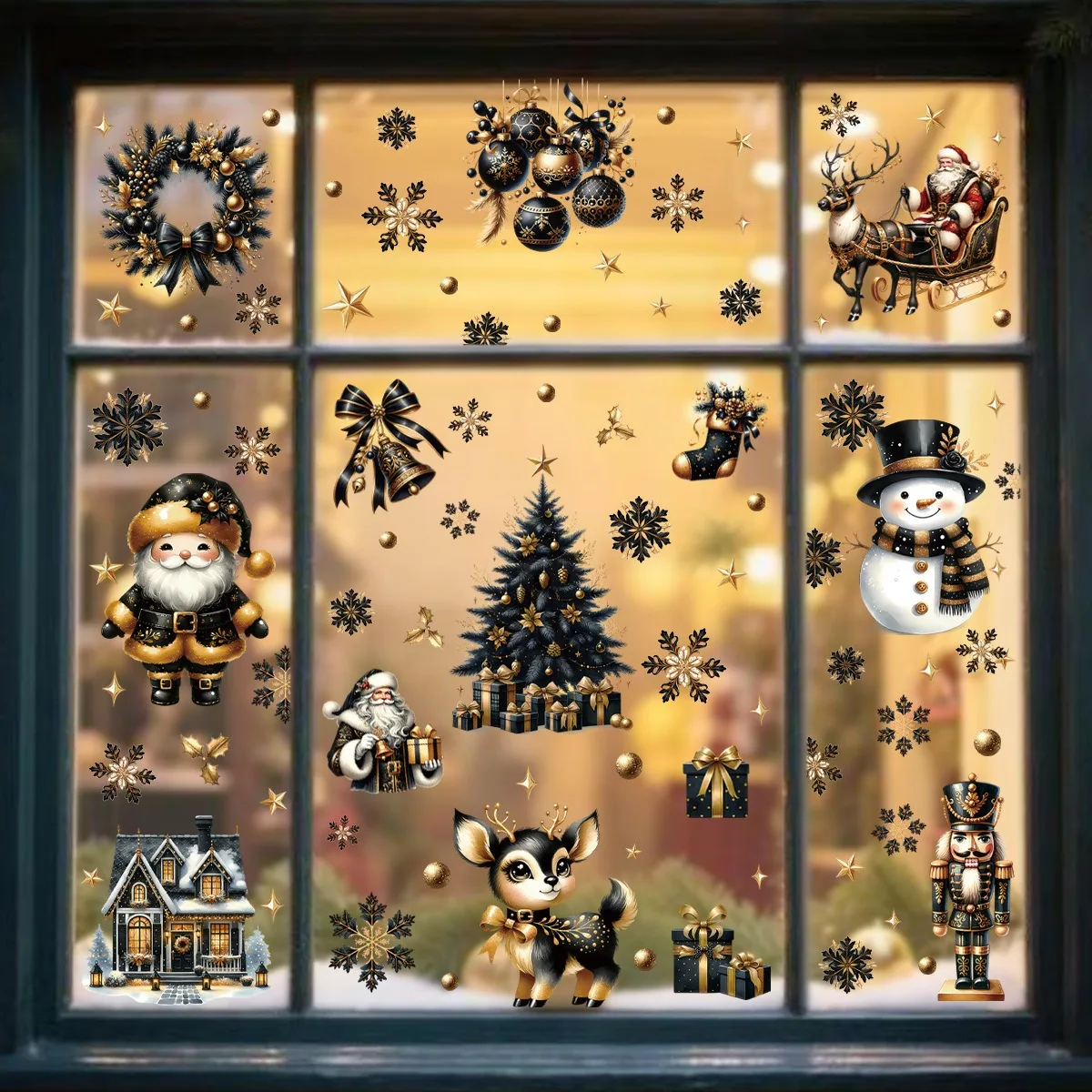 

Black Gold Christmas Stickers Cartoon Deer Tree Decor Window Cling Static Cling Decals for Room Glass