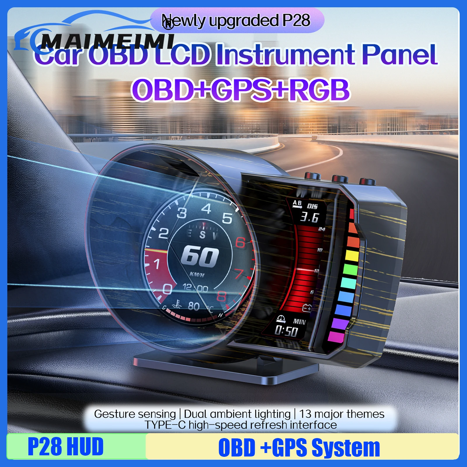 Sistema OBD+GPS com Head Up Display P28 para Carro, HUD LCD com Pressão do Turbocompressor, Consumo de Combustível, Quilometragem, Altitude, Lembrete de Fadiga e Alarme de Velocidade