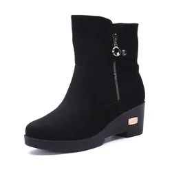 Botines cortos forrados de piel de felpa para mujer, botas de nieve, zapatos de plataforma súper cálidos, fondo grueso fuerte, invierno, nuevo