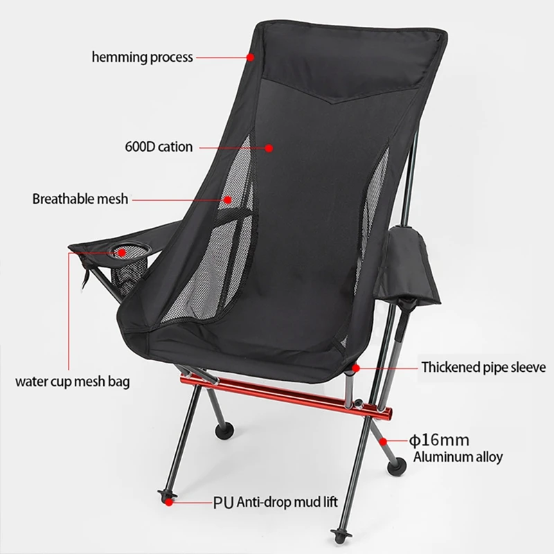 Ultralight Folding Camping Chair High Back Camping Chair Outdoor Camping Beach Picnic Fishing Black