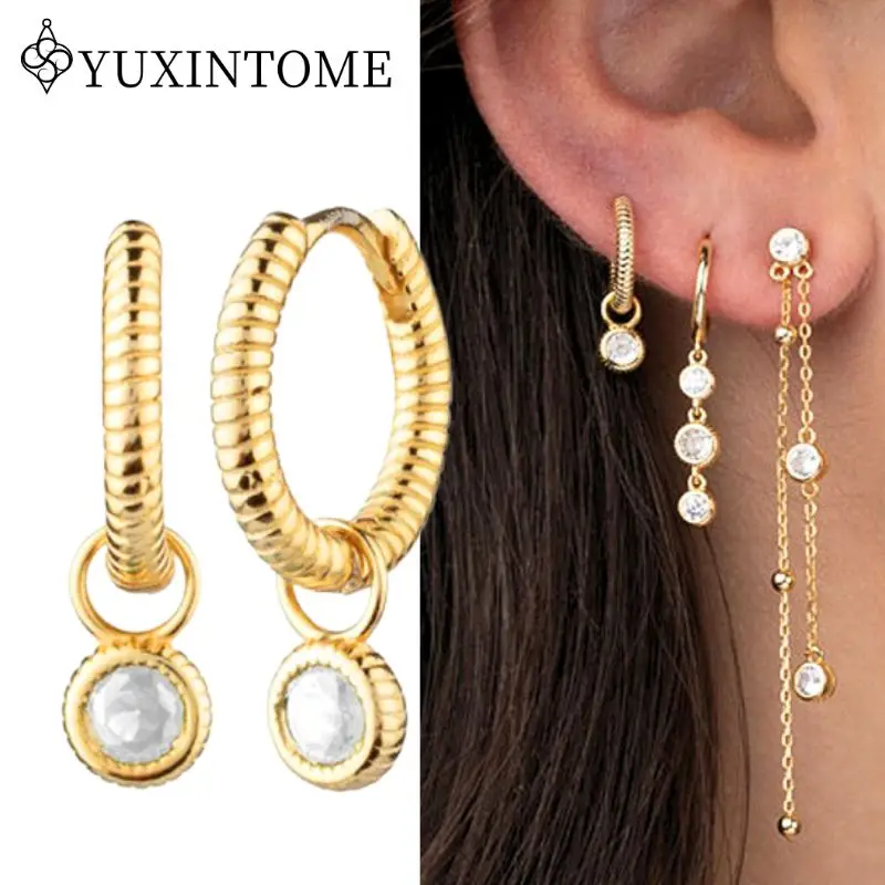 

925 Sterling Silver Ear NeedleThreaded Hoop Round Zircon Pendant Earrings Vintage Metal Earrings For Women Fashion Party Jewelry