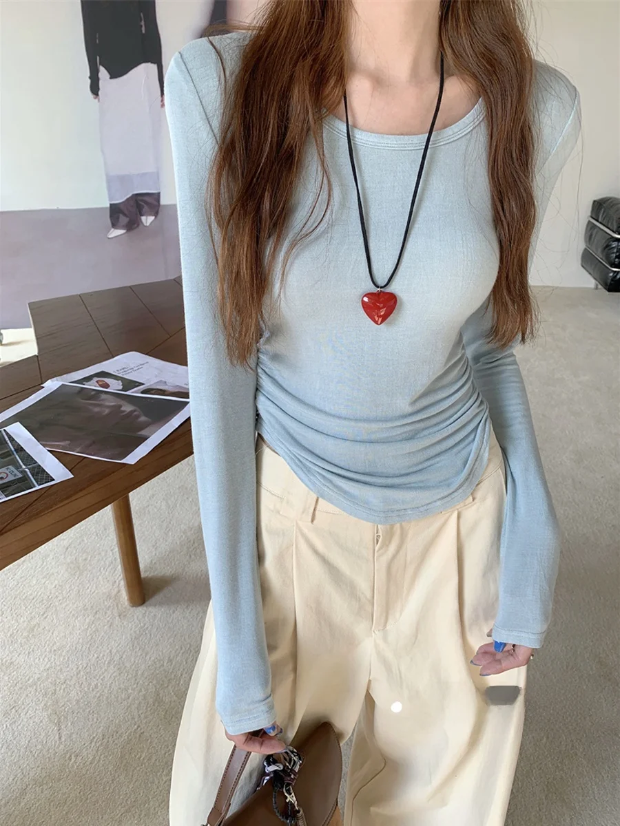 Slim Fit Long Sleeve Basic T-Shirt Women's Autumn Inner Wear Base Layer Shirt Gathered Waist Tight Top Casual Style Polyester...