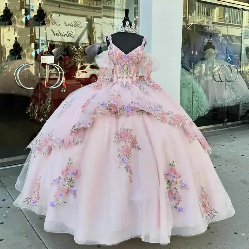 Quinceanera Tulle Applique Prom Party Dress para meninas, manga comprida, fora do ombro, doces 15 vestidos