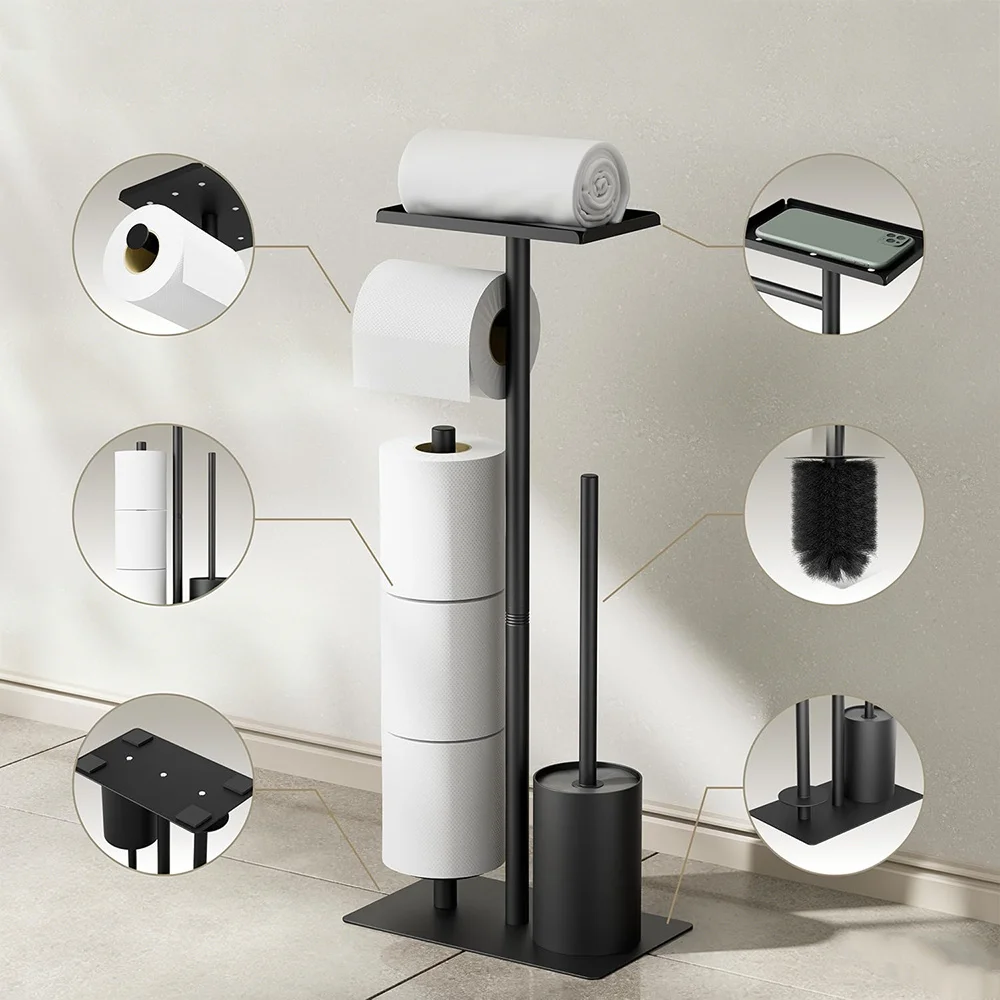 Portarotolo da terra in metallo, regolabile e multifunzionale, con set di spazzola per WC, 2 in 1, portarotolo da terra per bagno con spazzola per WC, supporto per carta igienica stabile e funzionale.
