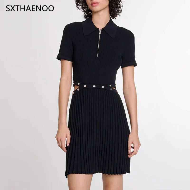 

SXTHAENOO Solid Designer Slim Fit Dresses Women Stand Collar Short Sleeve Spliced Zipper Temperament Folds Dress Female 2025